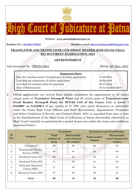 Patna High Court Recruitment 2024 Notice